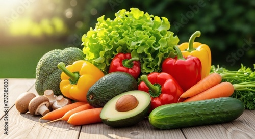 Fototapeta Naklejka Na Ścianę i Meble -  Fresh assortment of healthy vegetables and fruits on a wooden table outdoors
