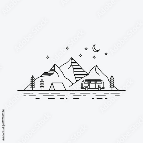 Minimal Camping And Mountain Vector Design – Line Art Nature Scene with Van And Tent