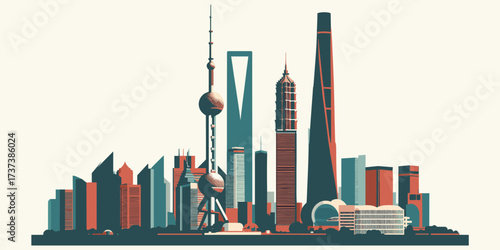 Modern city skyline with iconic skyscrapers and urban development