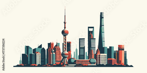 Stylized Modern City Skyline Illustration featuring Iconic Skyscraper Architecture – A Dynamic Urban Panorama capturing the Vibrant Essence of a Thriving Metropolis