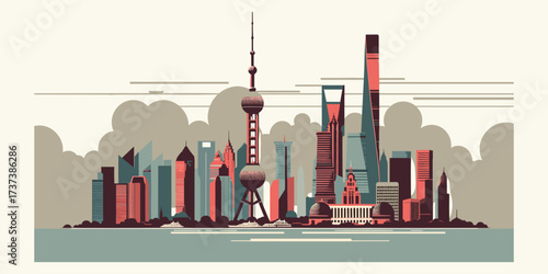 A modern flat design vector illustration depicting the iconic Pudong skyline of Shanghai, China with famous landmarks