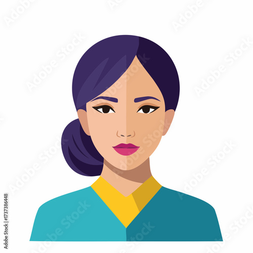 Illustration of a young Asian woman with dark hair tied in a ponytail.