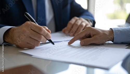 Hands of lawyer pointing at paper for businessman signing contract. 