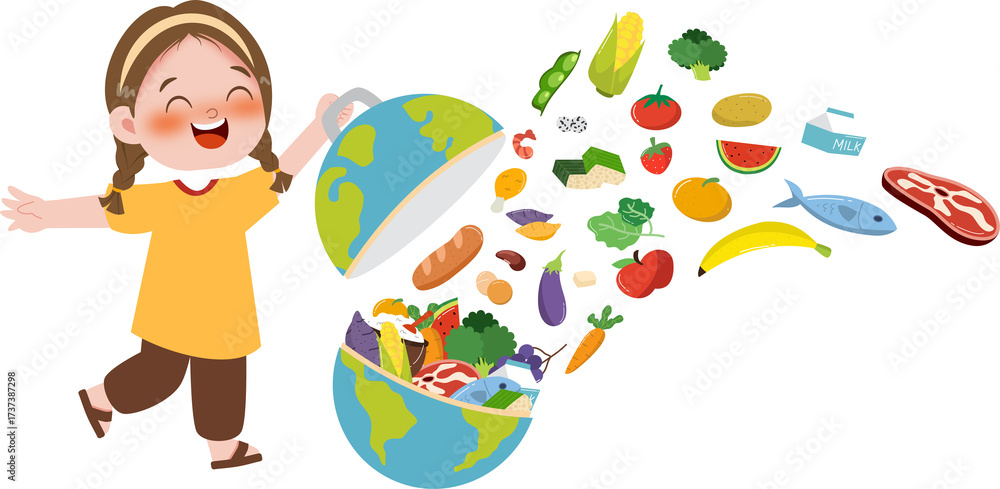 Obraz premium Kid with healthy food in the world