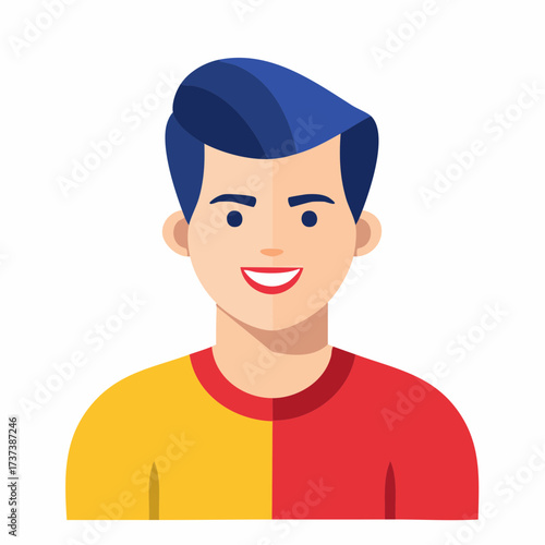 Illustration of a young man with blue hair and a friendly smile.