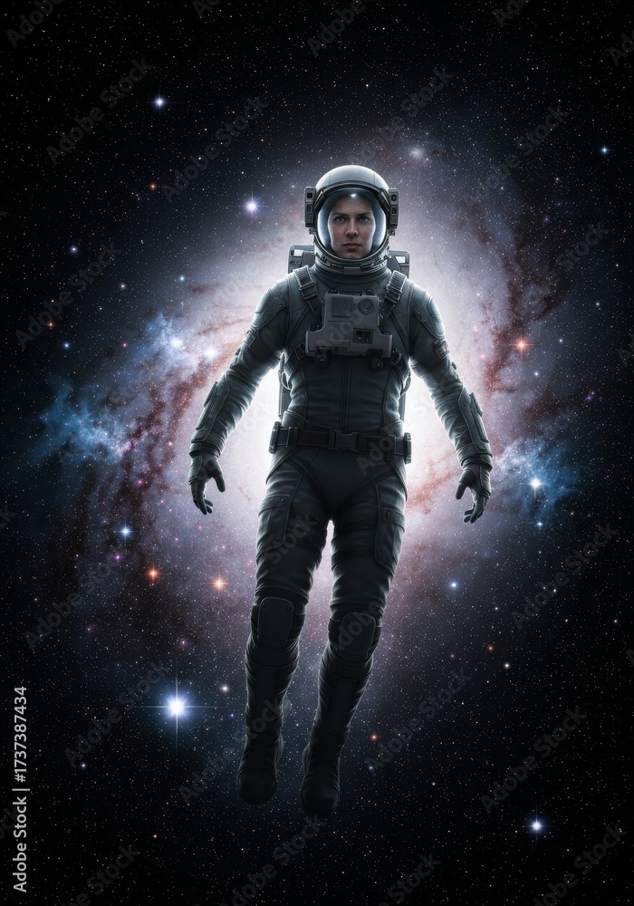 Fototapeta premium Future soldier astronaut warrior woman with a gun and helmet in a dark spacesuit on the moon with a distant planet and star