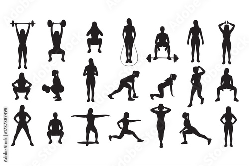 Fitness Exercise Silhouette Icon Set of Men and Women Training Poses