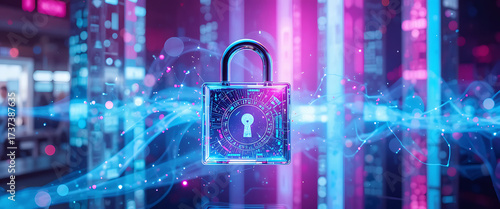 Network-inspired abstract background, glowing cyber 3d lock with golden metal layers in glass orb, dark purple wall gradient with blue shimmer,