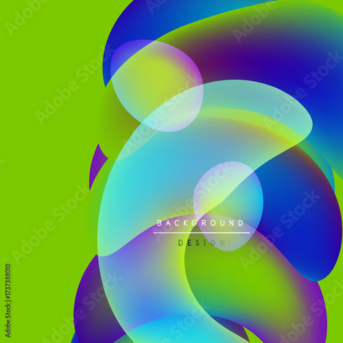 Vibrant abstract shapes overlap, creating fluid colorful design. Bright green background enhances visual impact. Modern aesthetic.