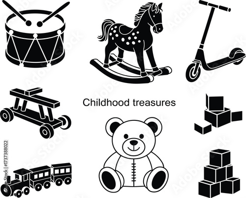 Black Silhouette Collection Of Classic Children's Toys And Blocks childhood vintage