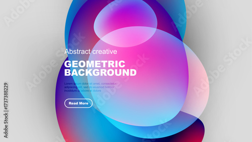 Vibrant abstract shapes overlap, creating colorful geometric background. Text promotes further exploration. Modern design elements present.