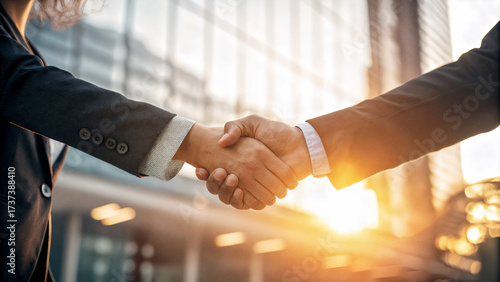 Firm handshake between two business professionals in formal suits at bright modern office, symbolizing trust, partnership, teamwork, and successful business negotiation
