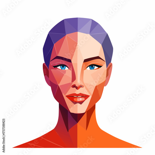 Geometric Portrait of a Woman with Blue Eyes and Short Purple Hair.