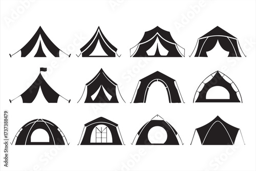 Black and White Camping Tent Icon Collection for Outdoor Adventure Design