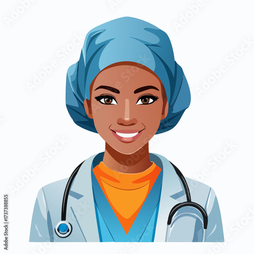 Female Doctor Wearing Scrubs and Stethoscope.