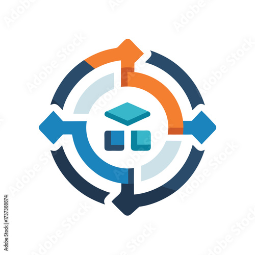 Abstract circular diagram with blocks and arrows representing process or cycle Keywords: diagram, circular, process, workflow, flowchart, cycle