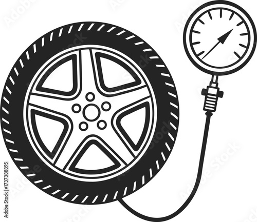 Minimalist Car Tire and Pressure Gauge Vector Icon in Black and White