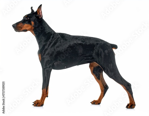 Sleek black and tan dog in a side profile pose against a clean white background