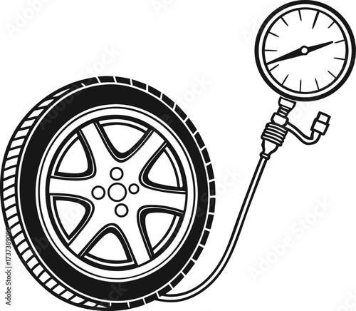 Minimalist Car Tire and Pressure Gauge Vector Icon in Black and White