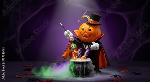 Pumpkin wizard stirring a cauldron of halloween candy with magic wand in spooky atmosphere