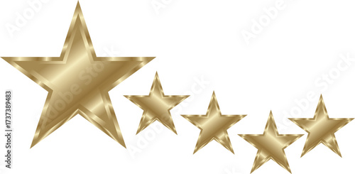 Five gold stars in descending size with shiny gradient—EPS vector for ratings, awards, and design.