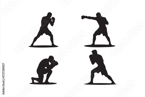 Combat Sports Silhouette Illustration of Boxing Stances and Punch Actions