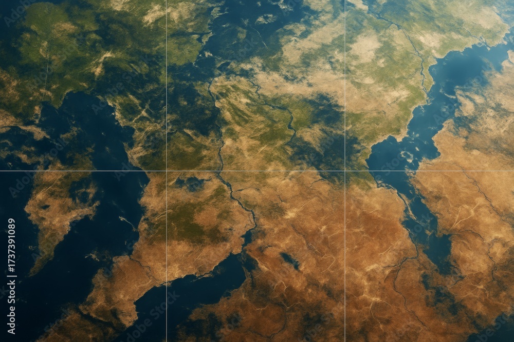 Fototapeta premium High detail satellite-style collage of Earth terrain showing rivers, mountains, and deserts with realistic light and atmospheric background concept. Ai generative