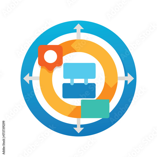 Circular diagram with arrows and blocks representing workflow or process Keywords: diagram, circular, process, workflow, flowchart, cycle, steps