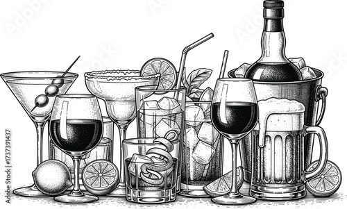 Vintage barware illustration with cocktail glasses, garnishes, wine bottle, beer mug, citrus slices, mint leaves, and mixology ingredients