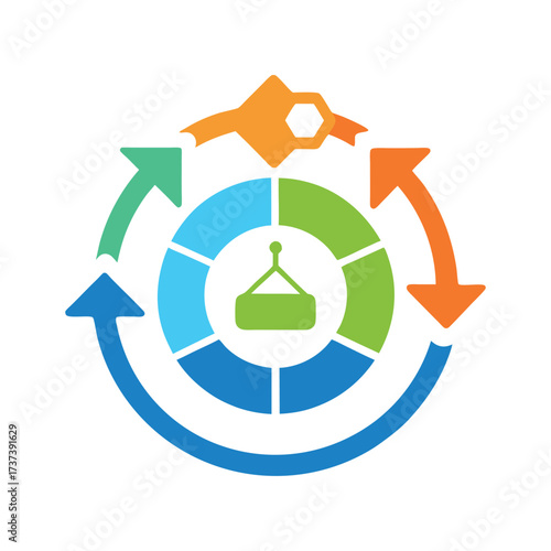 Circular process diagram with arrows, segments, and a central object on white background