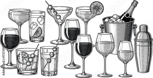 Vintage bar scene illustration with ice bucket, champagne bottles, cocktail glasses, garnishes, shaker — classic drinkware and mixology setup