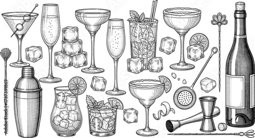 Vintage barware illustration with cocktail glasses, garnishes, ice cubes, bar tools, liquor bottle, and mixology elements in black and white
