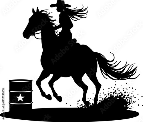 Cowgirl Barrel Racer on Galloping Horse Silhouette
