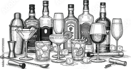 Vintage bar setup illustration with liquor bottles, cocktail glasses, garnishes, bar tools, ice cubes — classic mixology scene in sketch style