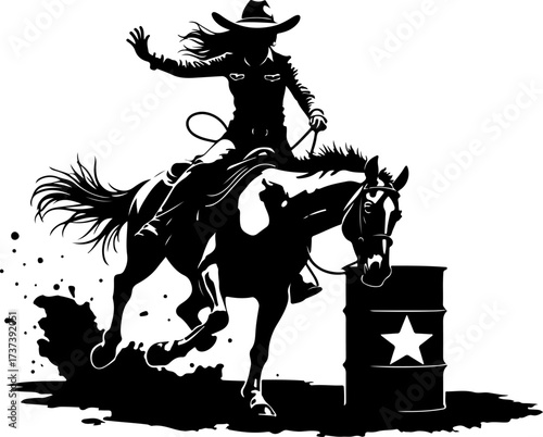 Cowgirl Barrel Racer on Galloping Horse Silhouette