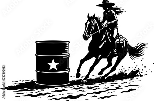 Cowgirl Barrel Racer on Galloping Horse Silhouette