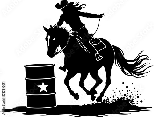 Cowgirl Barrel Racer on Galloping Horse Silhouette