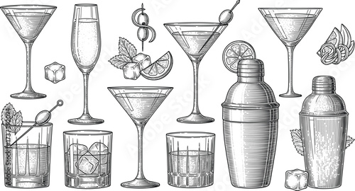 Vintage cocktail glassware and shaker illustration with garnishes, ice cubes, mint leaves — classic mixology drink set in sketch style