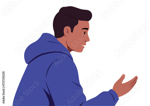 Man with dark hair in a blue hoodie gesturing with his hand and talking. Discussion, communication, or presentation concept.