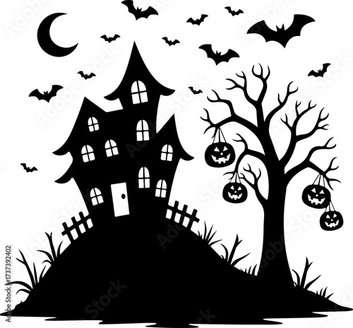 Spooky Haunted House and Bat Halloween Silhouette