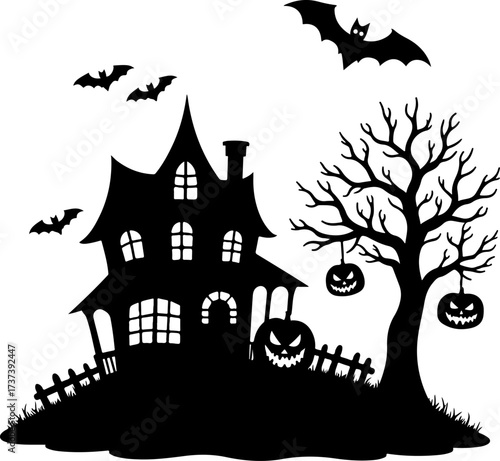Spooky Haunted House and Bat Halloween Silhouette