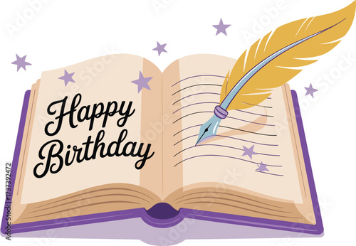 Open Book With Feather Pen And Happy Birthday Message quill