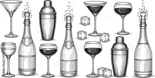 Vintage barware illustration with martini glasses, wine goblets, champagne bottles, cocktail shakers, ice cubes — classic mixology drinkware set
