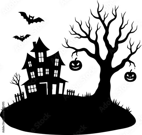 Spooky Haunted House and Bat Halloween Silhouette