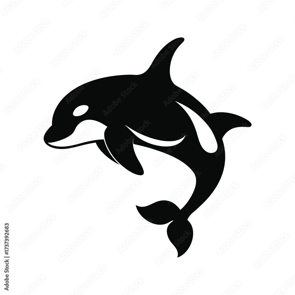 Fototapeta premium Black silhouette of a jumping orca whale Keywords: orca, killer whale, marine mammal, ocean, sea
