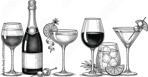Vintage drinkware illustration with wine, champagne, cocktails, garnishes, ice cubes — classic bar presentation in hand-drawn black-and-white style
