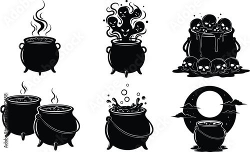 Halloween witch cauldron silhouettes with bubbling potions, ghosts, skulls, steaming brew, spooky moon scene, gothic magic vector set illustration design