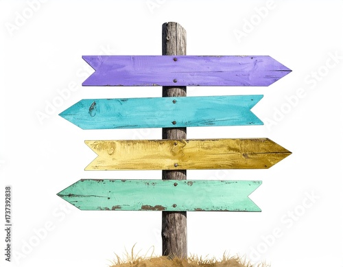 A wooden post holds colorful arrow signs, each pointing a different direction