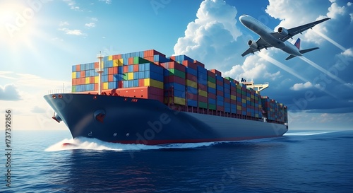 Digital art, vivid colors, dynamic composition, a big container ship loaded with bright shipping containers, and a commercial jet soaring overhead in a hazy blue sky