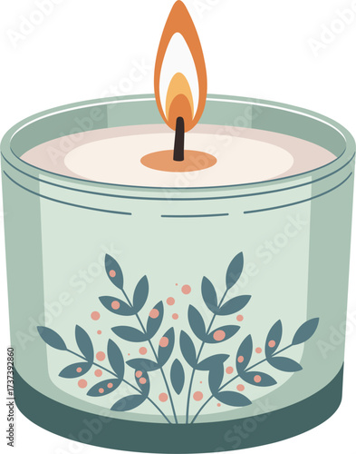 Scented candle in a decorative glass jar with a lit flame vector illustration